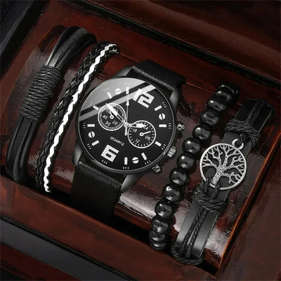 5-teiliges Herren Retro Quarz Uhr & Armband Set