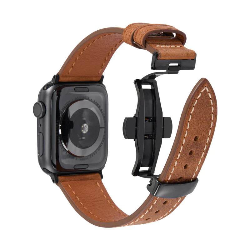 Luxuriöses Leder-Schmetterlingsschnallenband für die Apple Watch