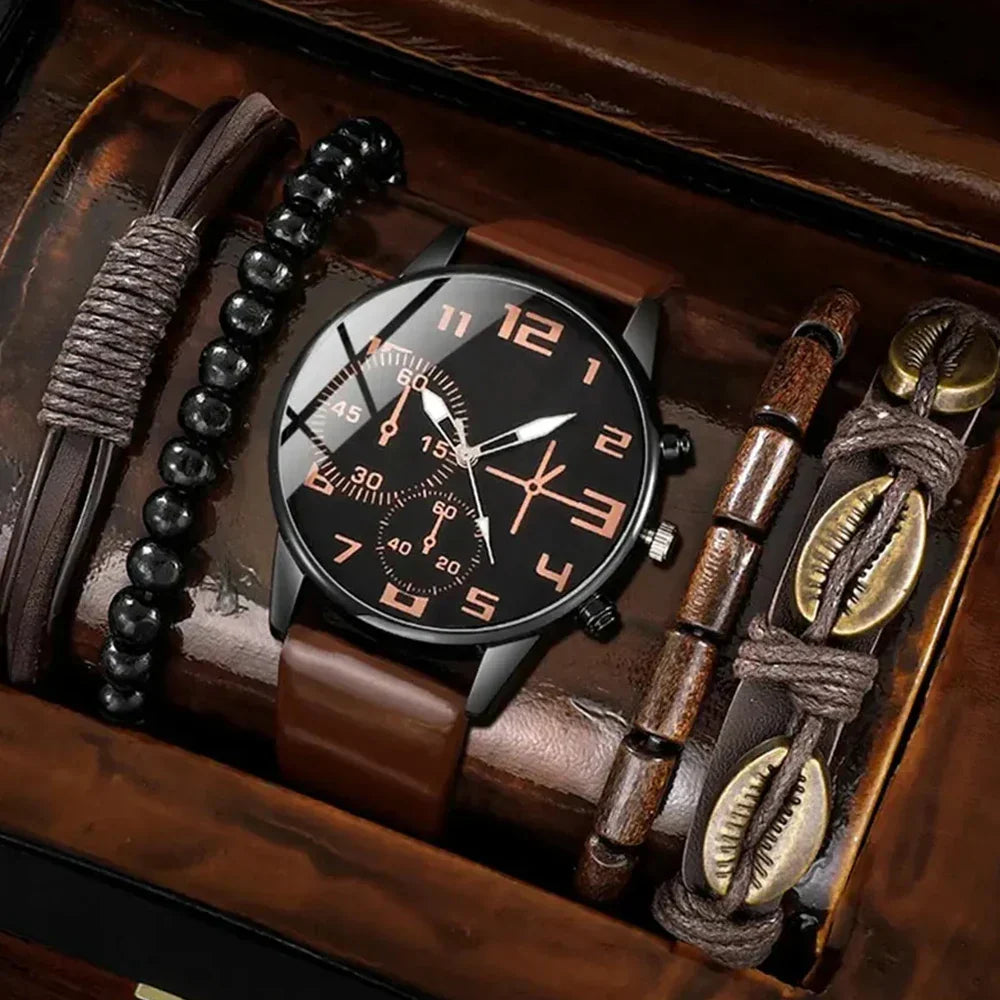 5-teiliges Herren Retro Quarz Uhr & Armband Set