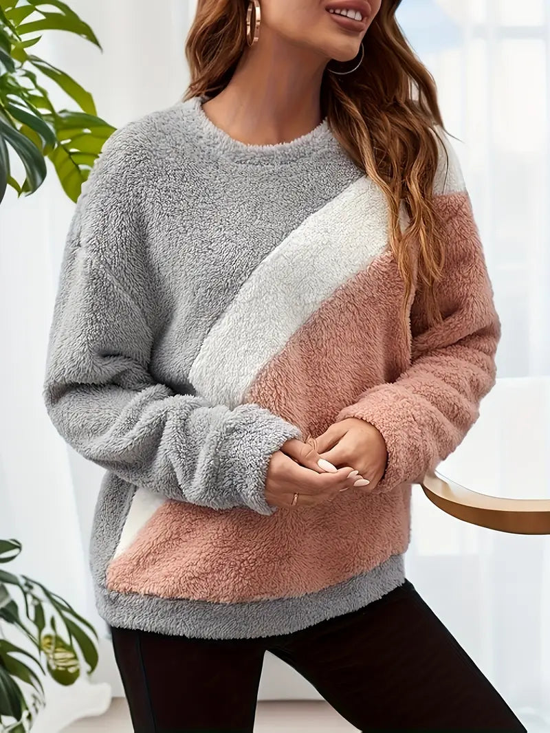 Farbblock Pullover Sweatshirt für Damen – Kuschelig, Langarm, Rundhals