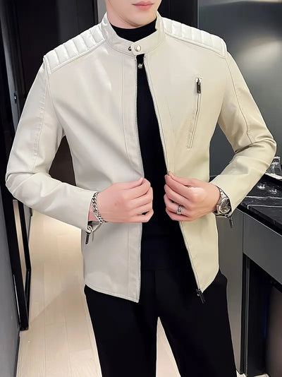 Herren Slim Fit Winterjacke – Beige Kunstleder Bikerjacke