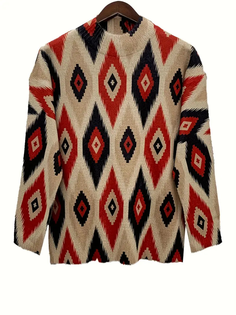 Lässiger Khaki Print Mock Neck Pullover für Frauen
