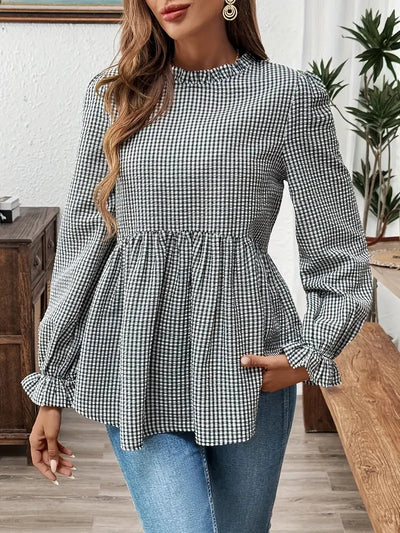 Gingham-Bluse – Rüschenkragen, Langarm, Peplum-Design