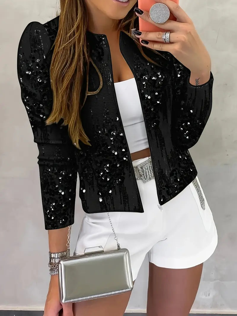 Eleganter Zip-Up Cardigan mit Stehkragen und Pailletten für Damen