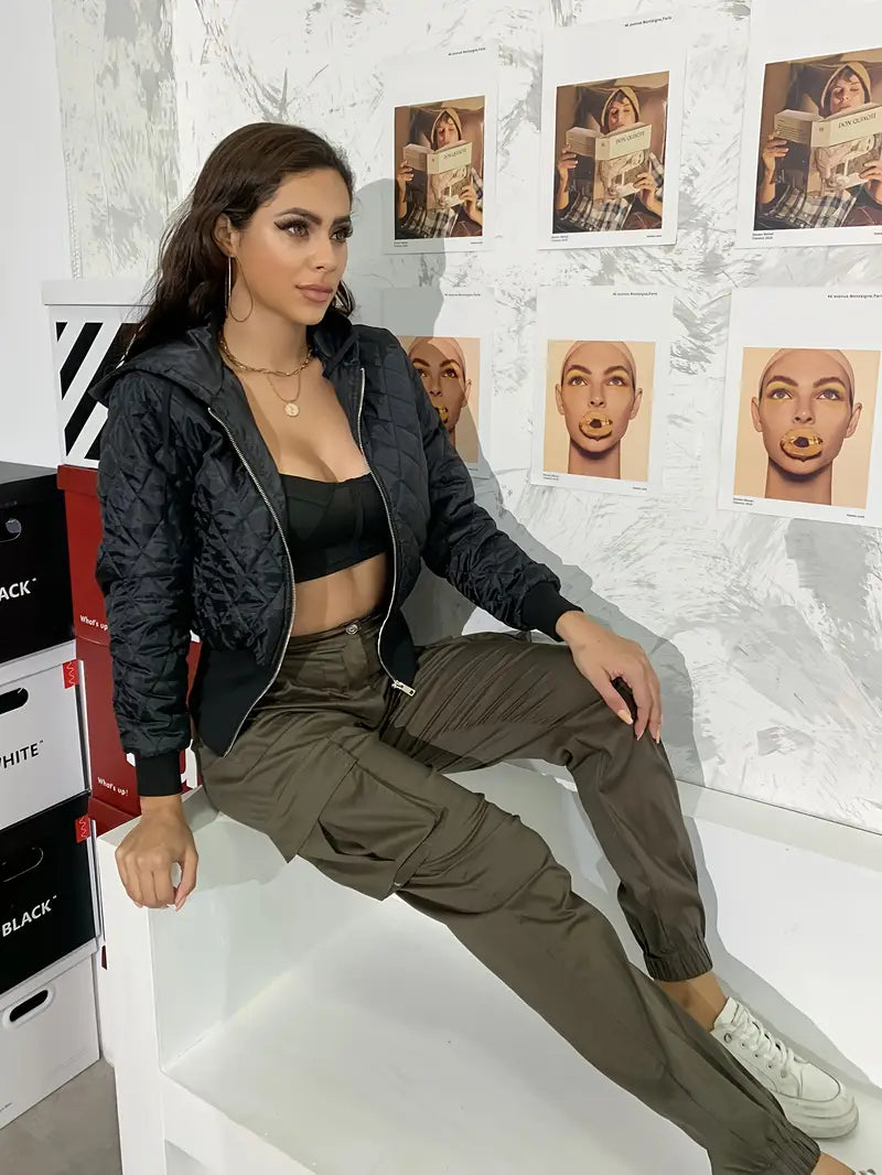 Steppjacke in Olivgrün – Casual Zip-Up mit Taschen
