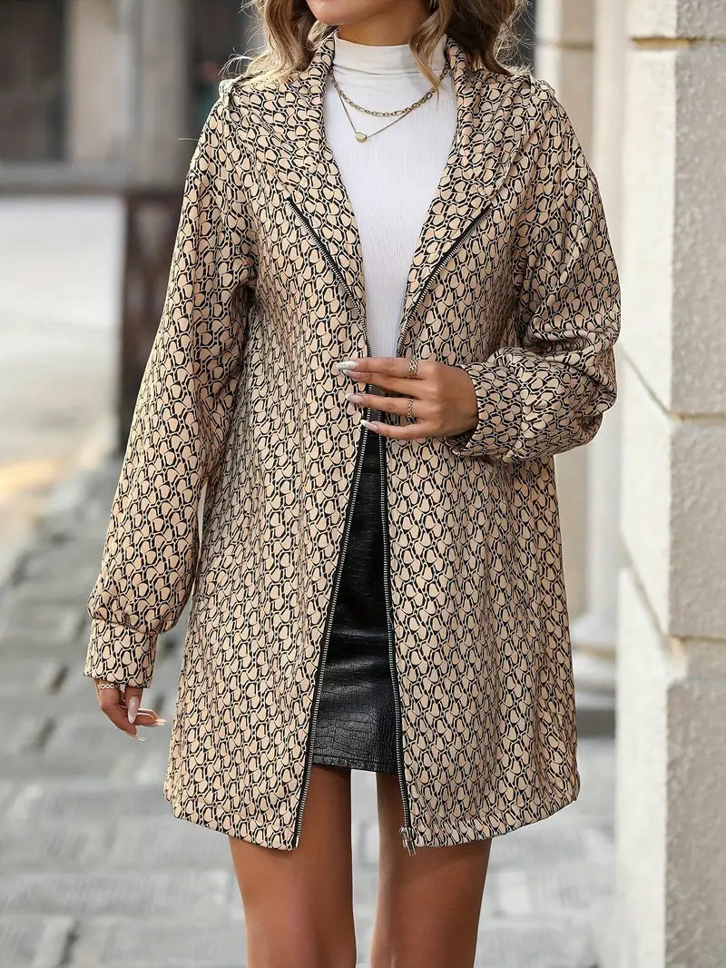 Damen Kapuzenjacke mit Allover-Print – Reißverschluss, Khaki