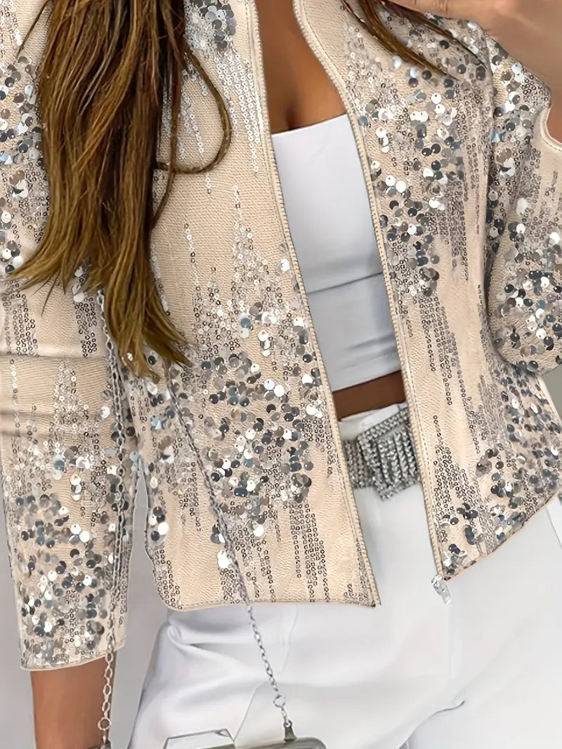 Eleganter Zip-Up Cardigan mit Stehkragen und Pailletten für Damen
