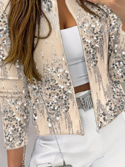 Eleganter Zip-Up Cardigan mit Stehkragen und Pailletten für Damen