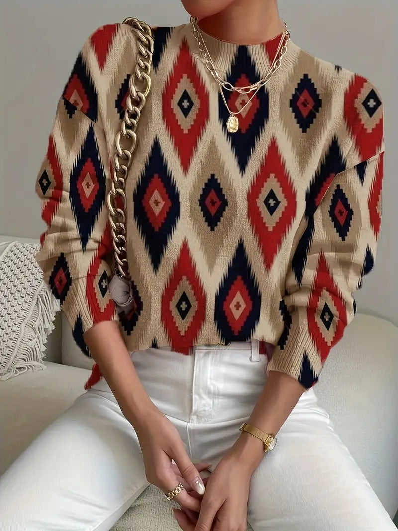 Lässiger Khaki Print Mock Neck Pullover für Frauen