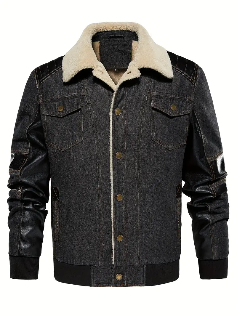 Herren Denimjacke mit Sherpa-Kragen, Farbblock-Design, Warm