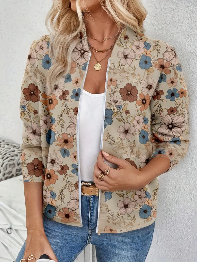 Vintage Blumenjacke Damen – Zip-Up, Rundhals, Lässiger Stil