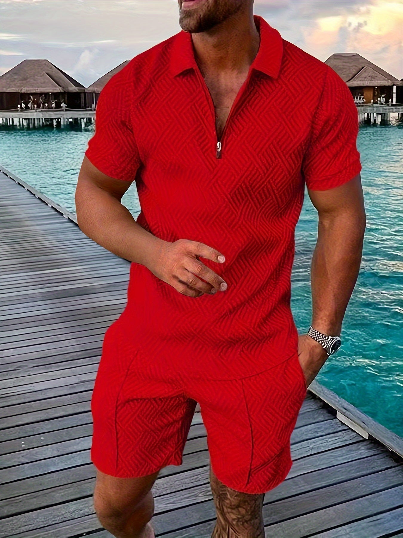 Everard™ – Herren Sommer-Set mit Zip-Polo & Shorts im Geo-Design