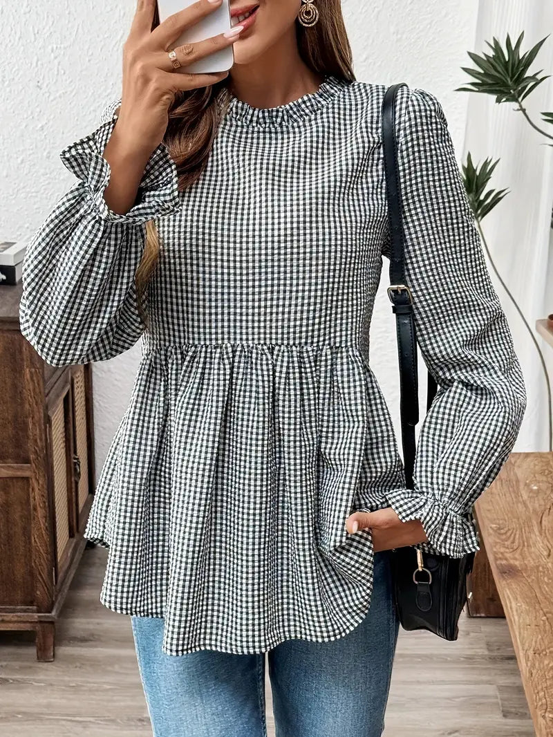 Gingham-Bluse – Rüschenkragen, Langarm, Peplum-Design