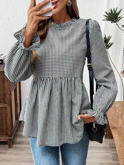 Gingham-Bluse – Rüschenkragen, Langarm, Peplum-Design