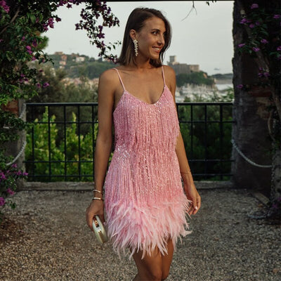 Adelina | Glanzvolles Cocktailkleid mit Pailletten und Federn